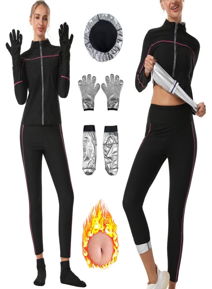 يس طقم ساونا نسائي، بأكمام طويلة + بنطال + قفازات + جوارب + قبعة، لحرق المزيد من السعرات الحرارية والتعرق بشكل أكبر، زي رياضي مُعزز للتعرق لإنقاص الوزن - Image 1